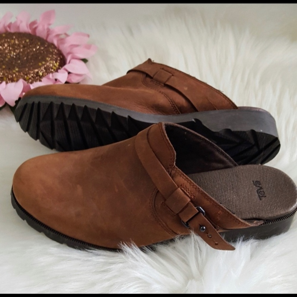 Teva brown leather mules